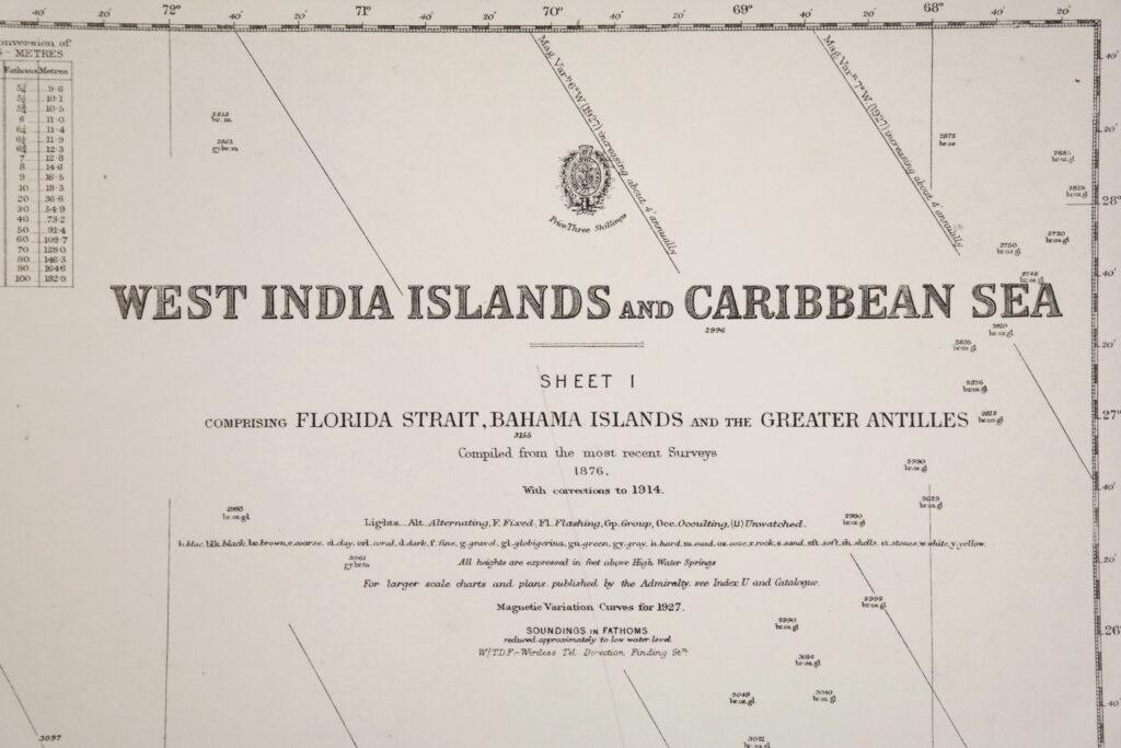 Cuba, West India Islands and Caribbean Sea – Florida, Bahama’s and Greater Antilles British – Admiralty Chart 761, published in 1876