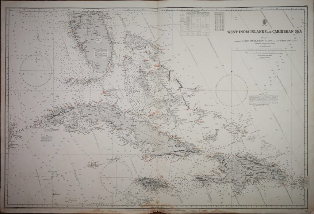 Cuba, West India Islands and Caribbean Sea – Florida, Bahama’s and Greater Antilles British – Admiralty Chart 761, published in 1876