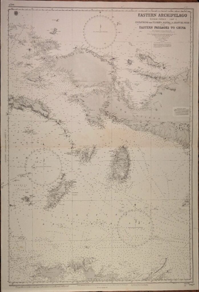 Dutch Indies – Western and Eastern portions of the Eastern Archipelago – British Admiralty Chart 941a/b and 942a/b in 4 sheets, published 1867 – 1920