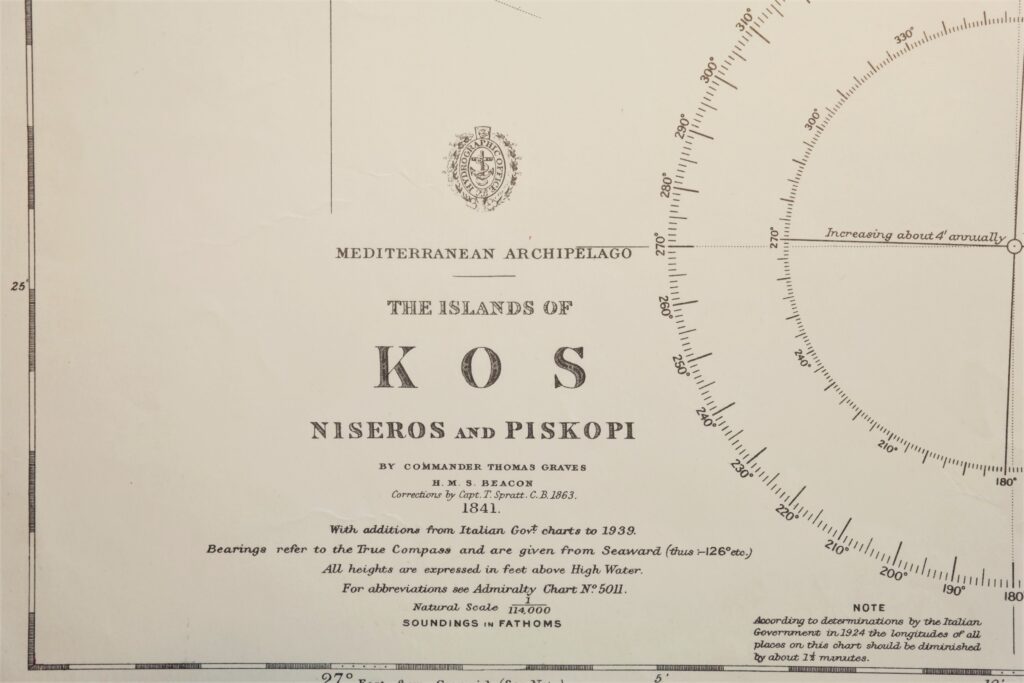 Greece – Island of Kos, Mediterranean British Admiralty Chart 1898, published in 1848