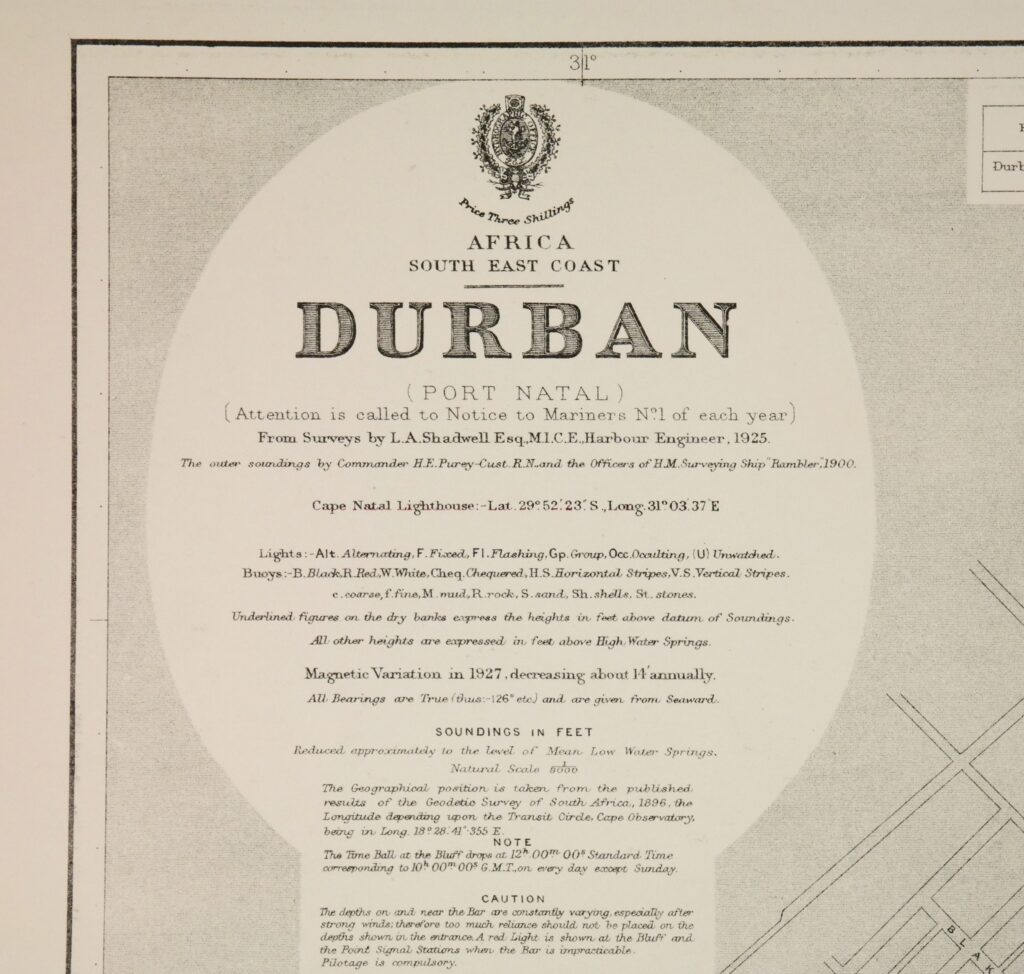 Africa, South East Coast – Durban British Admiralty Chart 643, published 1924